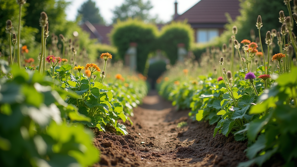 Eye-level view of a community garden flourishing with diverse plants