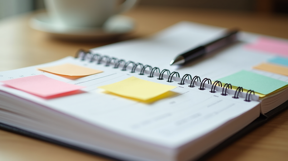 Eye-level view of a wedding planner notebook with colorful sticky notes and a pen