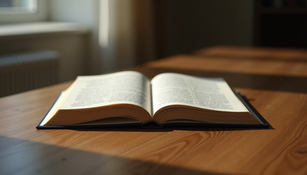 an opened book sunlit on a table