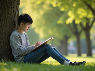 A young man reading under a tree