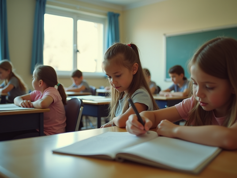 Eye-level view of a classroom with children reading books
