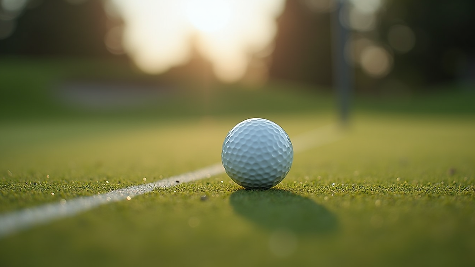 Close-up view of golf ball on green with putting line analysis