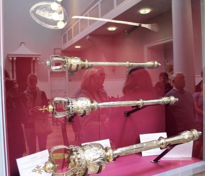 The silver maces in a display case