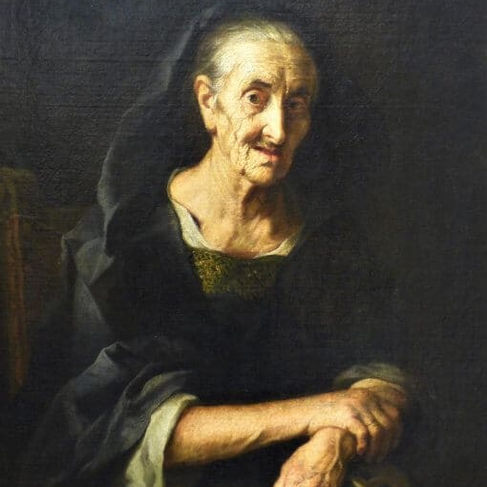 A painting of an old lady dressed in black resting her arms on a skull