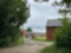 Farm buildings behind trees.