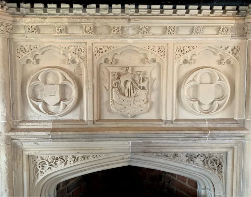 A close up of a Tudor fireplace in the Moot Hall