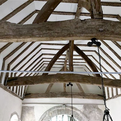 The timbered roof of the church