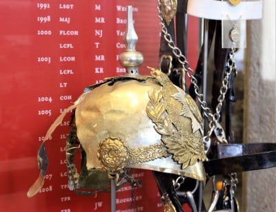 A close up of a helmet damaged during the IRA bombing at Hyde park