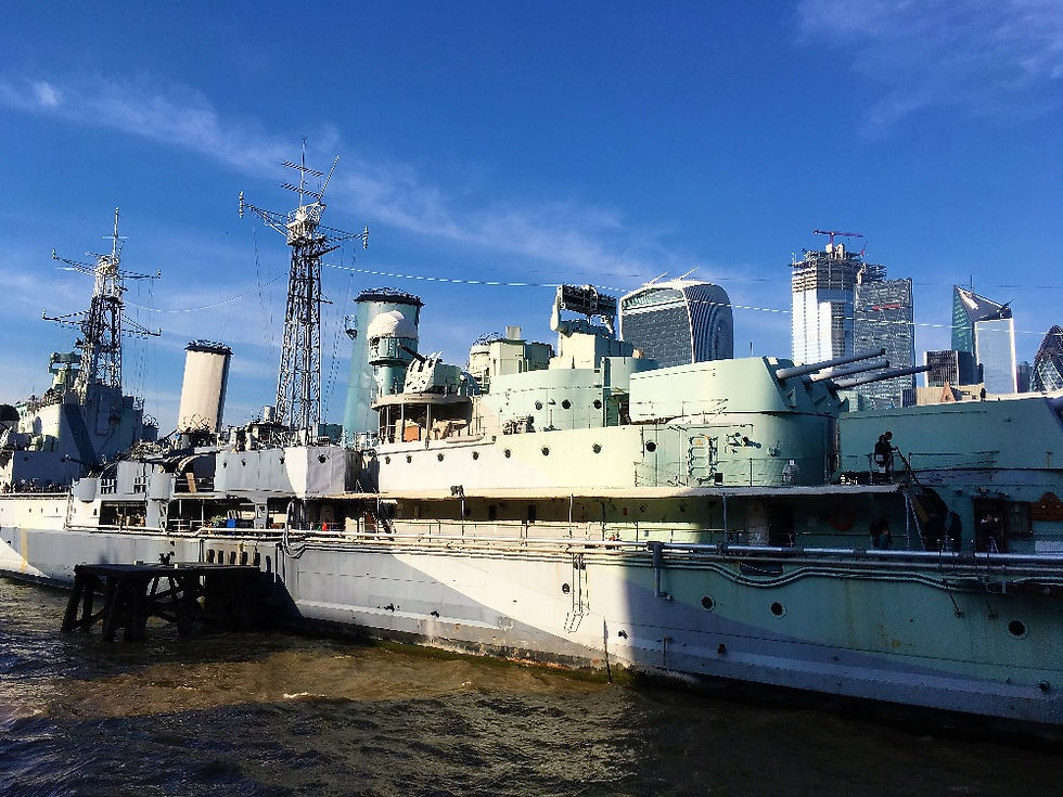 A close up of HMS Belfast in the middle of the Thames.