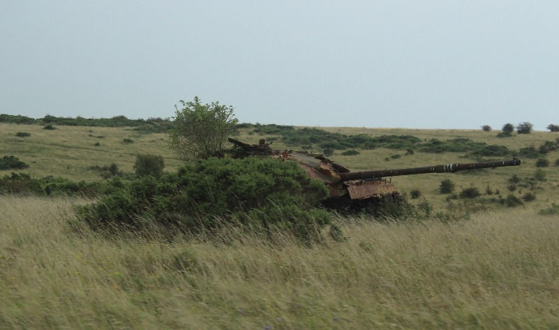 A tank behind a bush on Salisbury Plain.