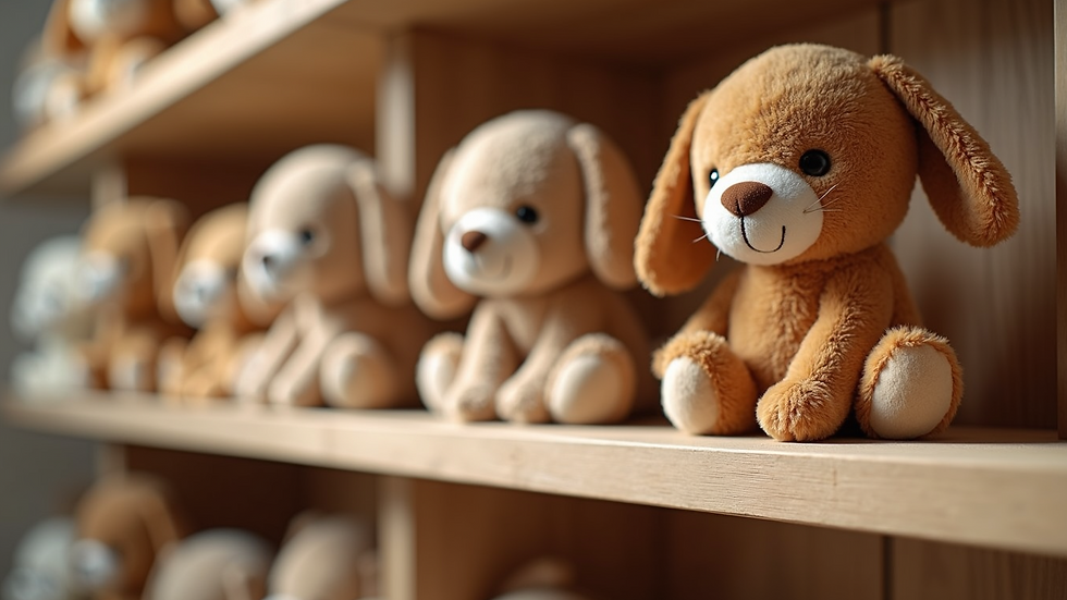 Eye-level view of eco-friendly plush toys displayed on a wooden shelf