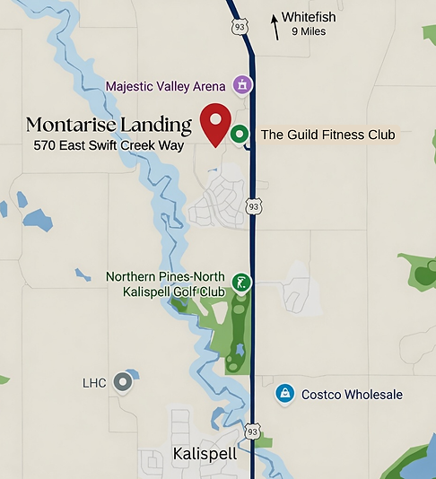 A map of the location of Montarise Landing, near The guild fitness club and the majestic valley arena