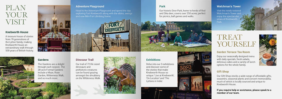 Interior spread pages from the Knebworth House visitor brochure showing editorial layout with photography of the house, gardens and events, designed by Julie Nicholls