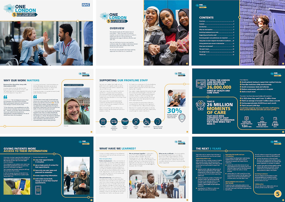 Interior spread pages from the OneLondon fifth anniversary brochure showing programme achievements, supporting our frontline staff section, and plans for the next five years, designed and artworked by Julie Nicholls