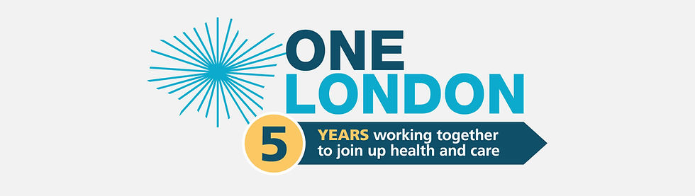 OneLondon fifth anniversary commemorative logo showing the starburst motif with the number 5 and the text Five Years Working Together to Join Up Health and Care, designed by Julie Nicholls