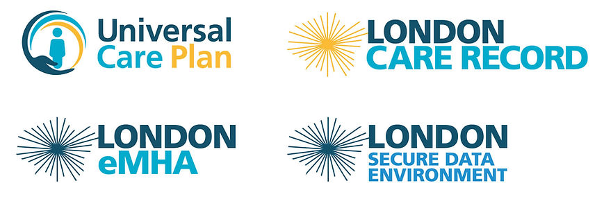 Suite of four OneLondon sub-brand logos showing Universal Care Plan, London Care Record, London eMHA and London Secure Data Environment, each featuring the OneLondon starburst motif in different colour treatments, designed by Julie Nicholls