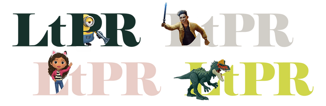 Playful versions of the LTPR logo showing different licensed characters within the letters