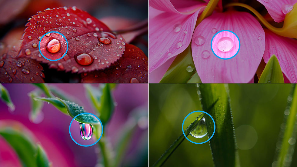 Four close-up nature photographs showing flowers and water droplets with the Beaumont lens circle applied in different brand colours, demonstrating the Beaumont lens concept in use
