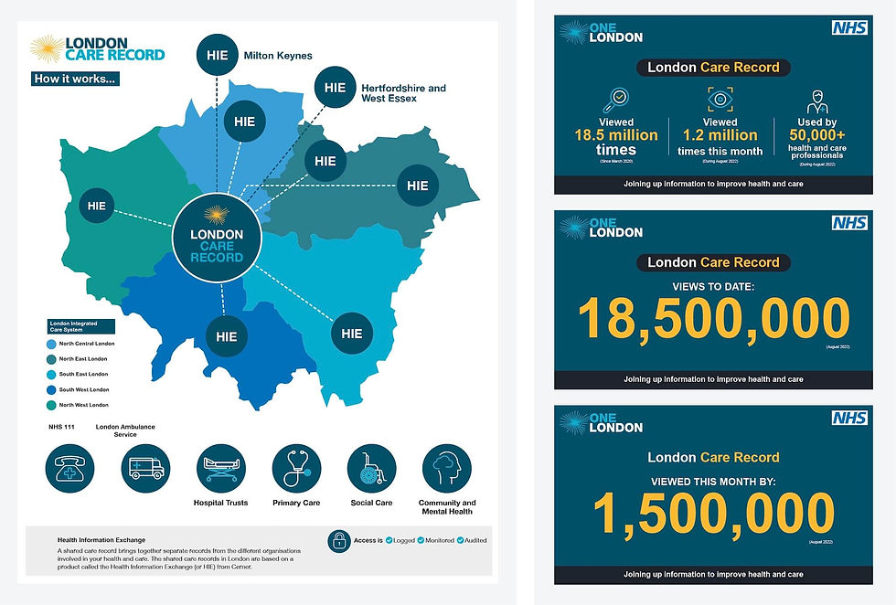 Infographics designed to show usage of London Care Record