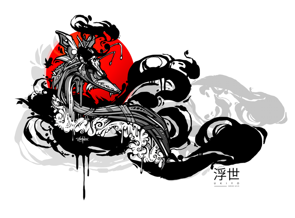 Mechanical dragon with ink and steam background set against a red sun embodying Japan.