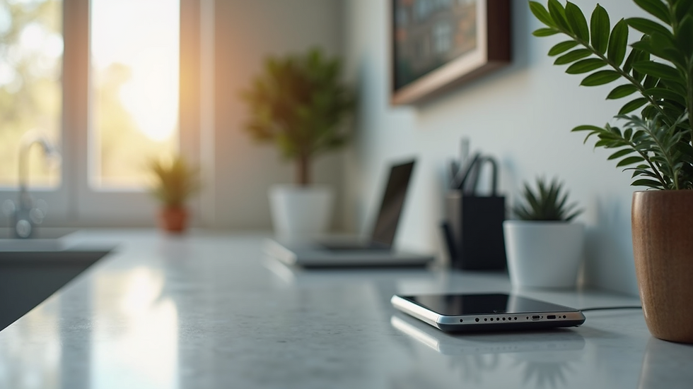 Eye-level view of smart home devices on a countertop