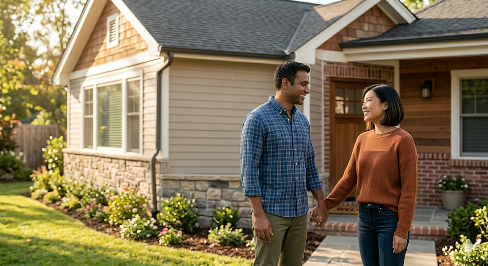 A couple holding hands in front of a house, symbolizing building a life and a foundation for a healthy, lasting relationship.