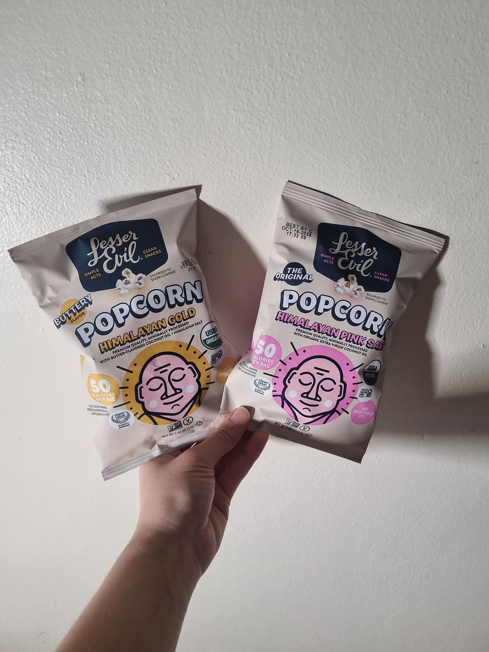 Packages of Lesser Evil's Himalayan Gold and Himalayan Pink Salt flavors