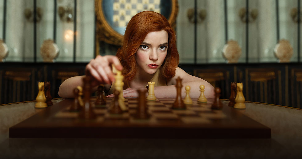 The Queen's Gambit actress plays chess while looking directly at the camera