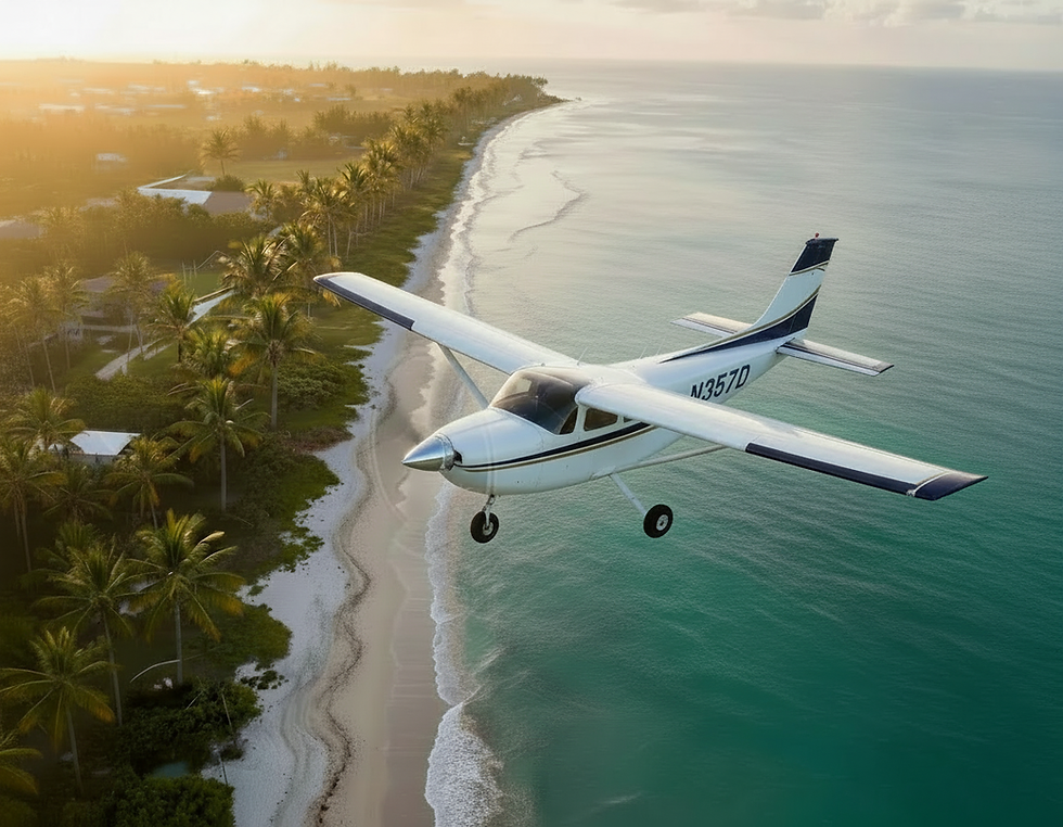 single engine airplane flying over Florida coast at sunset