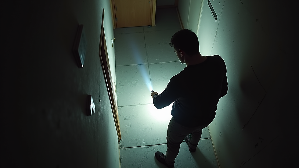 High angle view of a home inspector using a flashlight to check a basement