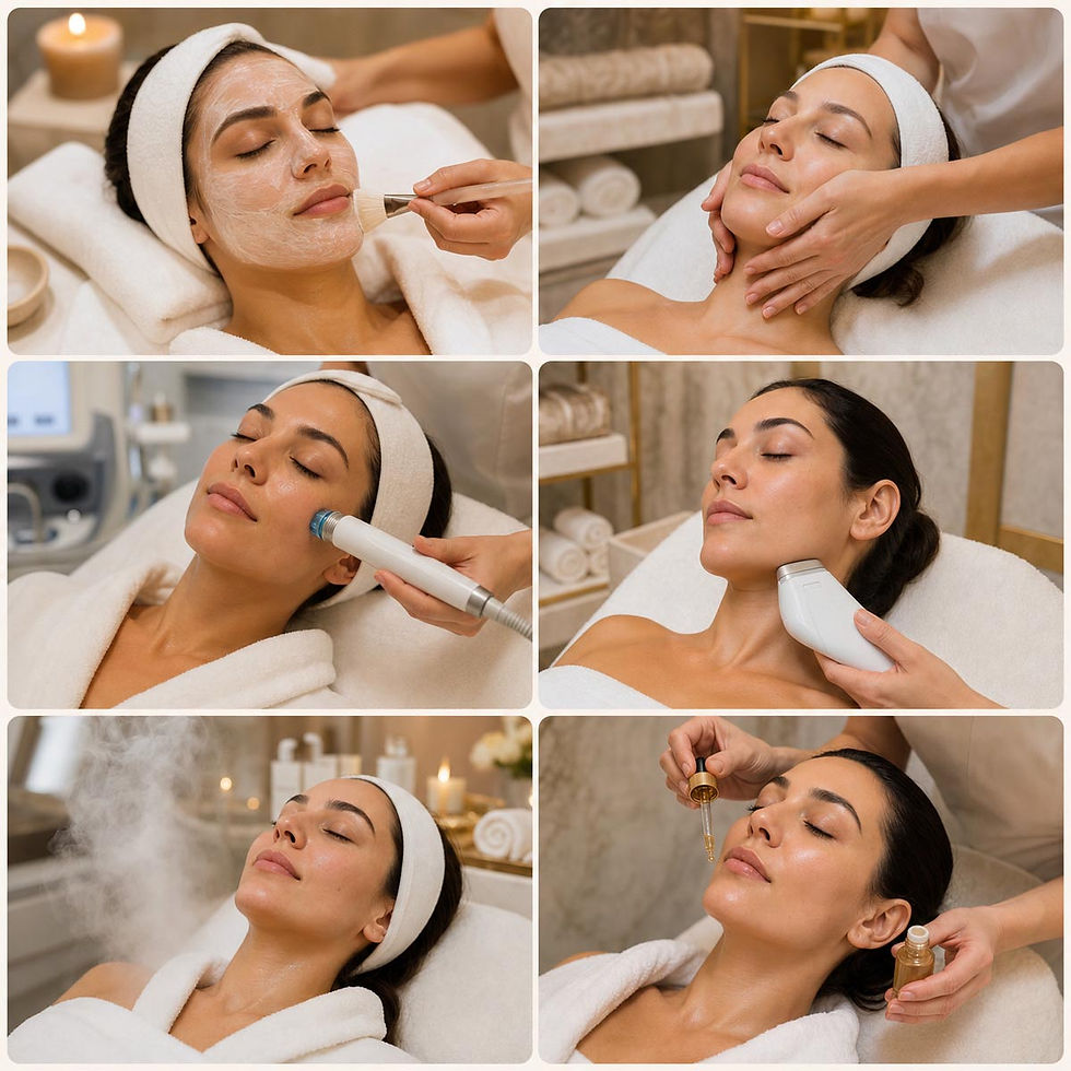 Collage of Hydrating facial mask
Kobido-style facial massage
HydraFacial-style device treatment
Ultrasound facial cavitation
Deep cleansing facial with steam
Anti-ageing serum facial pictures