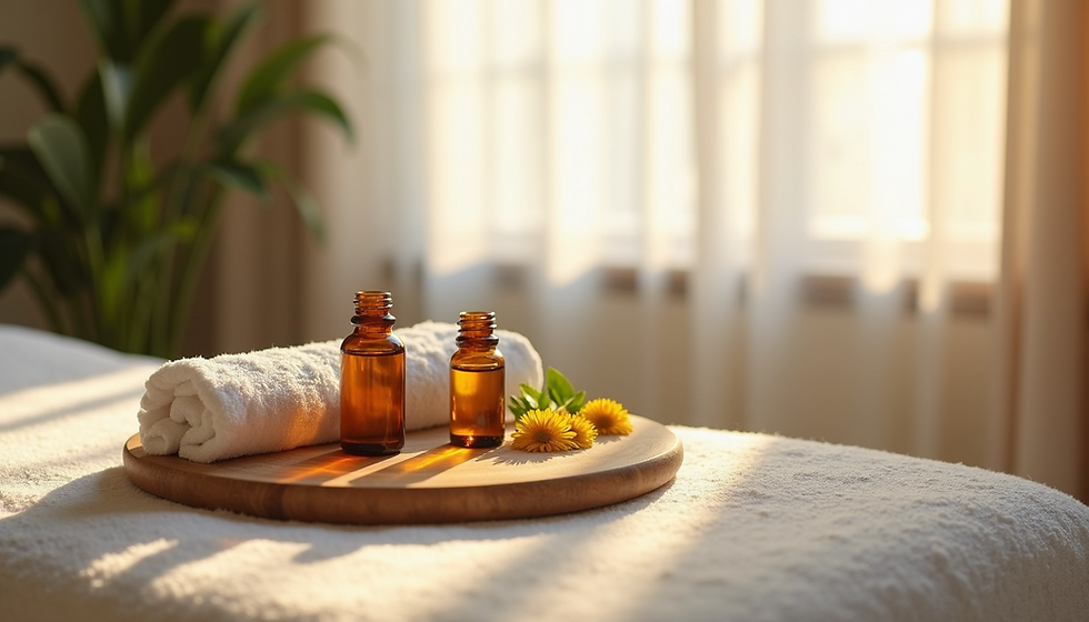 Sunlit bottles and a rolled towel on a massage table with yellow flowers, creating a calm, soothing spa atmosphere. Soft curtains in the background.
