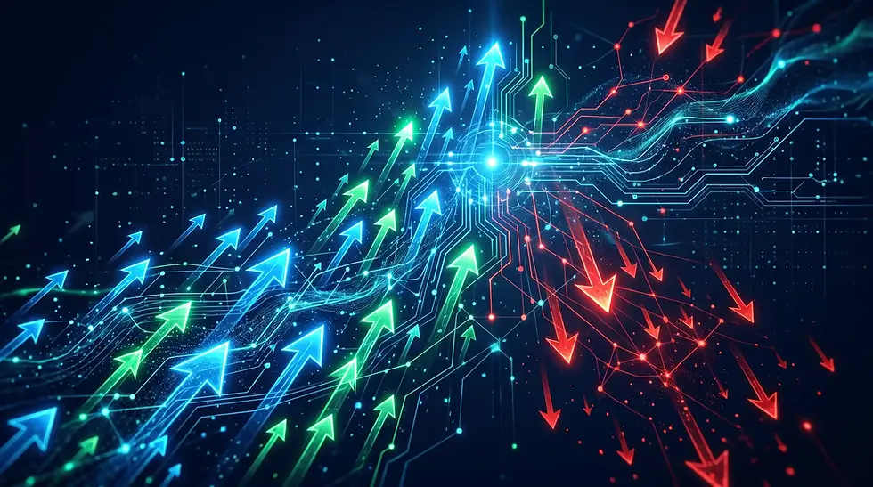 Abstract algorithm visualization with green/blue upward arrows and red downward arrows.