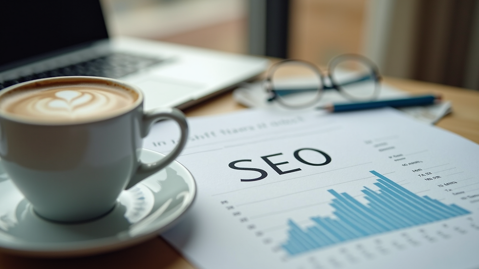 High angle view of a desk with SEO reports and coffee cup