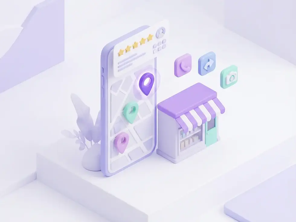 Isometric illustration of a phone showing map pins and a five-star rating next to a small shop front, for Google Business Profile optimisation by Tailor SEO