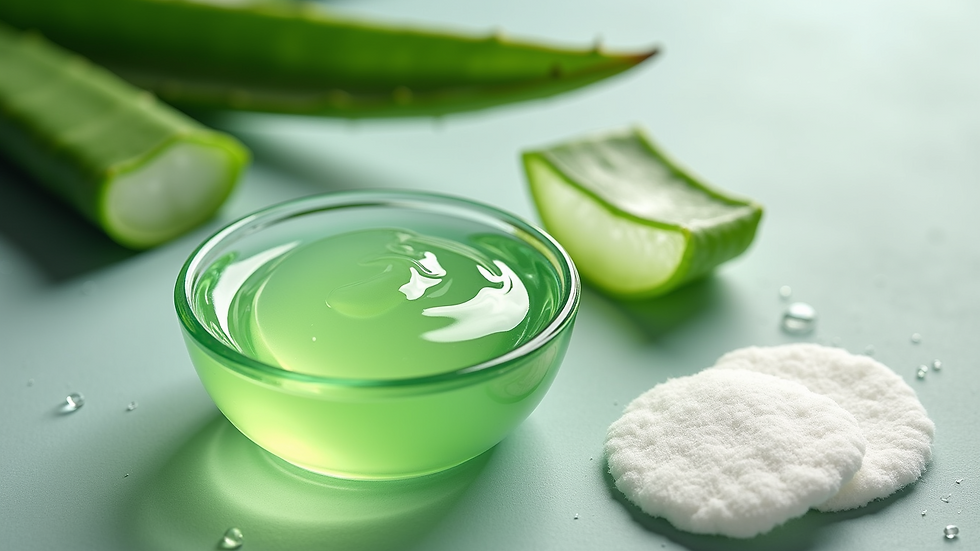 High angle view of soothing aloe vera gel and cotton pads for skin care