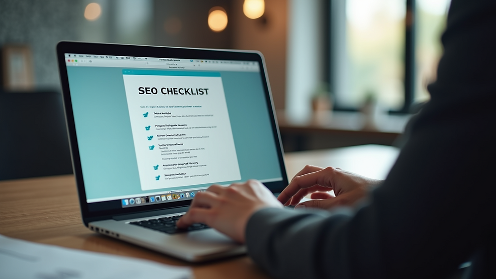 Close-up view of a person typing on a laptop with SEO checklist on screen
