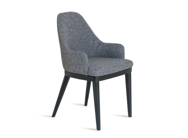 Miniatura: Cadeira estofada cinza com pernas de madeira escura, design moderno.