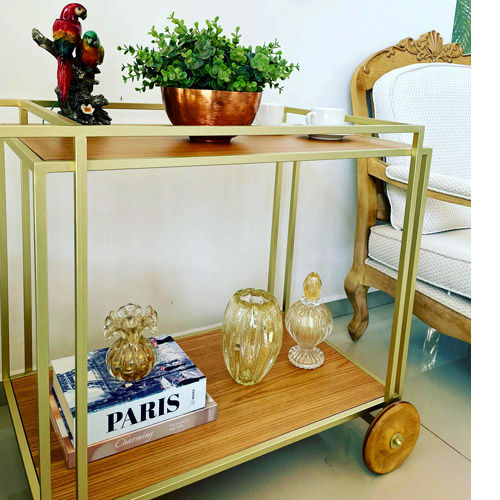 Miniatura: Carrinho de bar dourado e madeira com plantas, livro PARIS e vasos.