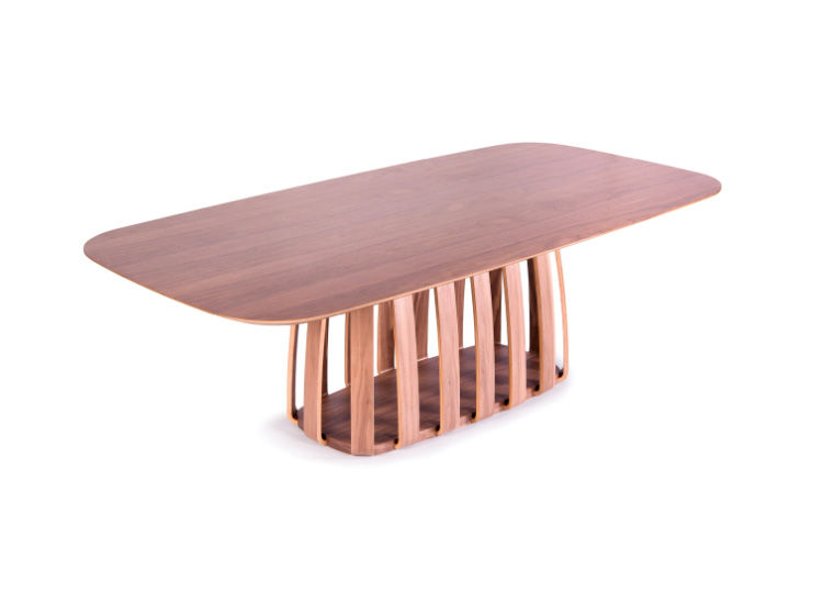 Miniatura: Mesa de jantar retangular moderna de madeira com base de ripas.