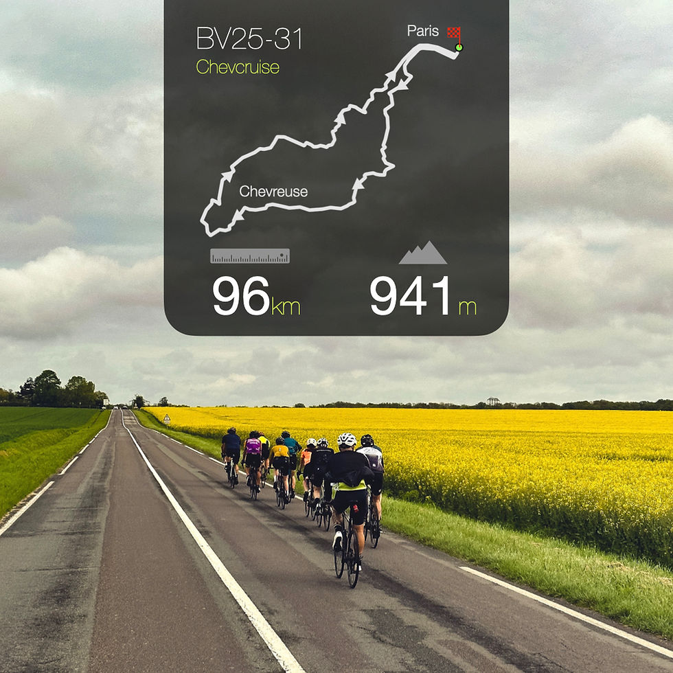 a peloton of road cyclists riding though a field of green grass and yellow flowers with a route map graphic on top