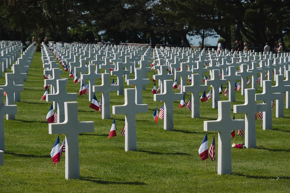 Rows of white crosses in a military cemetery, each marked with small French and U.S. flags, under shady trees.