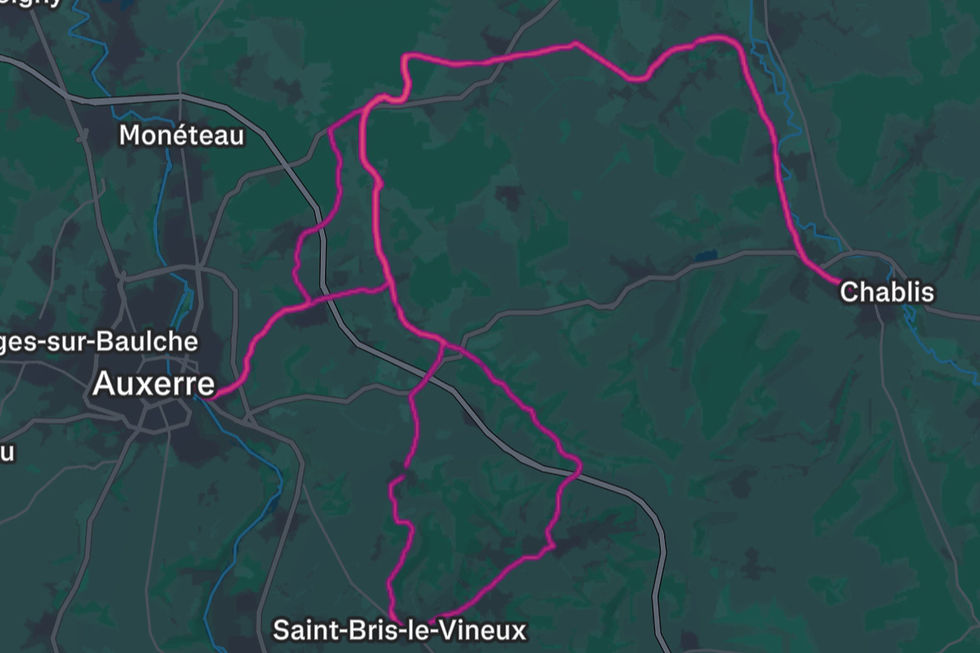 Map of Auxerre and Chablis region showing cycling routes