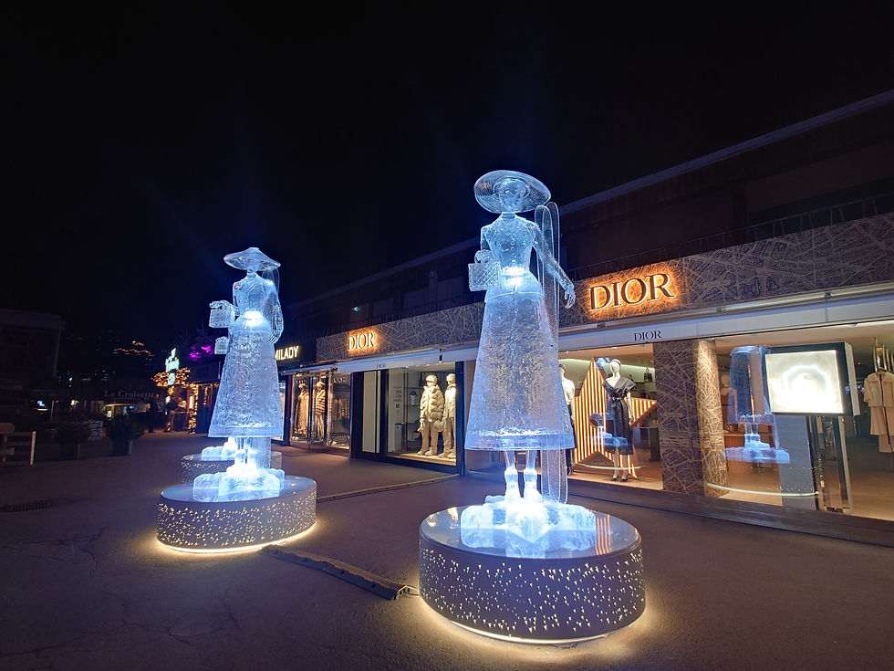 Devanture illuminée de la boutique Dior à Courchevel la nuit, avec des sculptures lumineuses en form