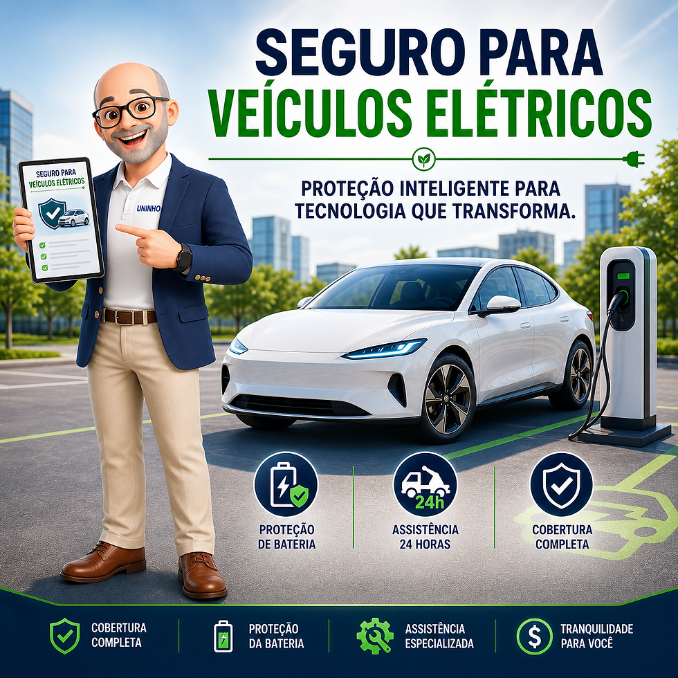 Uninho, o consultor de seguros, apresentando informações sobre seguro para carro elétrico, com espaço para texto.