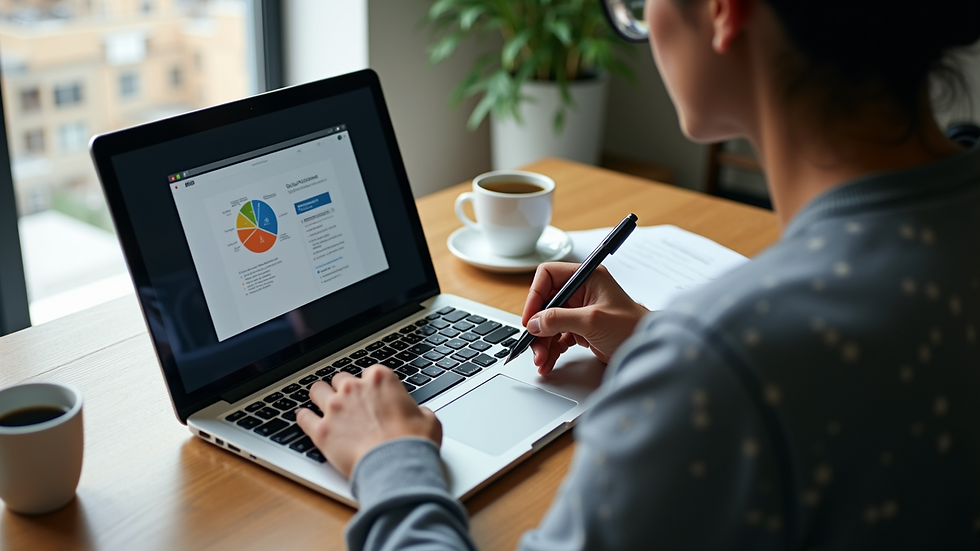 High angle view of a small business owner working on a laptop with SEO notes