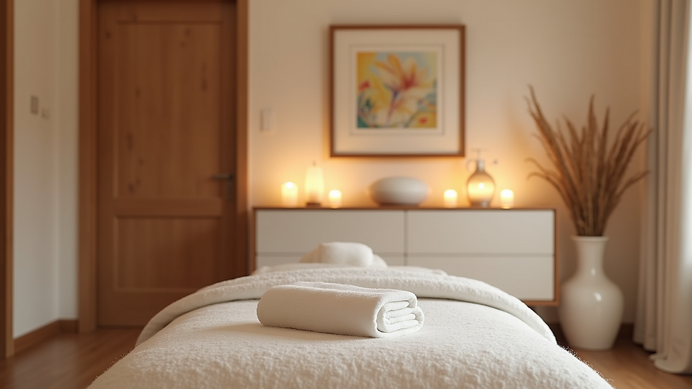 Eye-level view of a tranquil massage room with soft lighting and calming decor