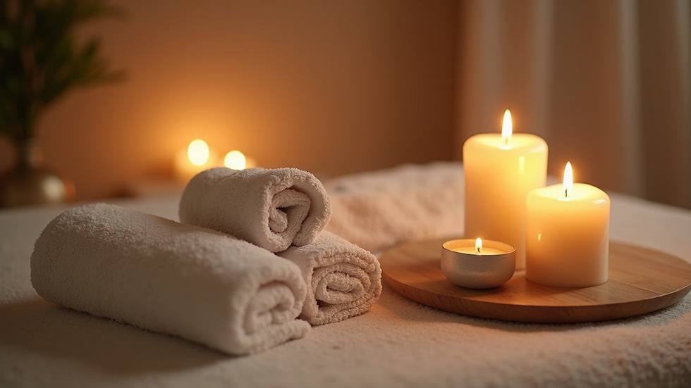 High angle view of a peaceful spa setting with candles and soft towels