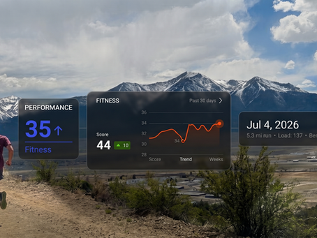 Runner looking at mountains with fitness metrics overlayed