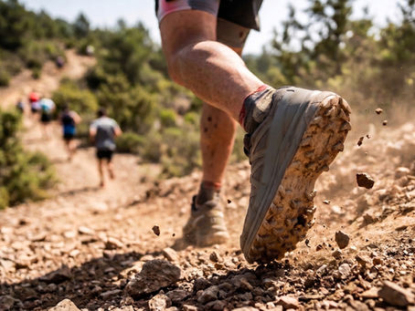 close-up of trail running shoe as it kicks up some dirt